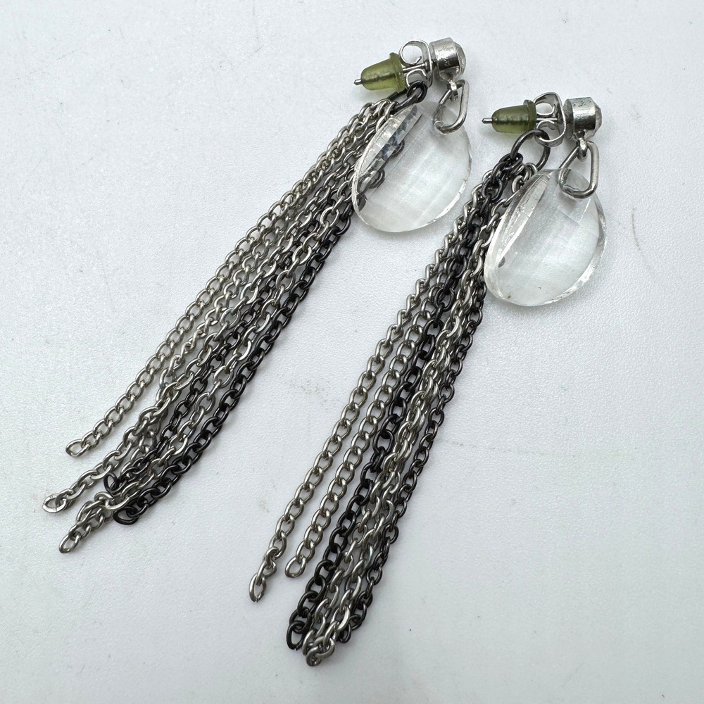 Silver Gunmetal Multi Chain Teardrop Dangle Earrings Rhinestone Shoulder Duster